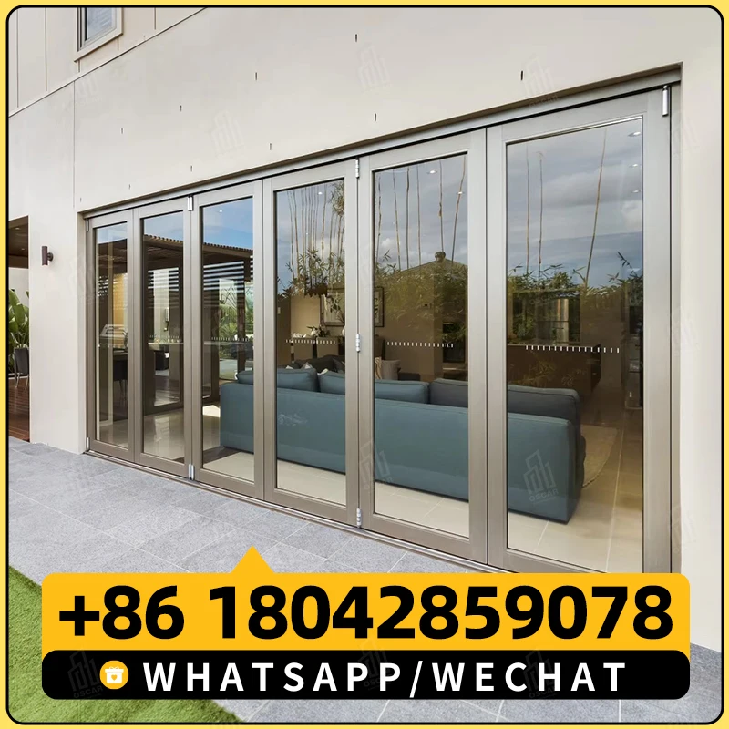 Puerta plegable para exteriores, aislamiento térmico moderno, aleación de aluminio, doble capa, vidrio templado, Patio, balcón, puerta plegable doble