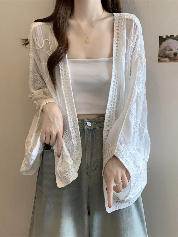 Bohemian Vacation Style Women's Cardigan Outerwear Sun Protection Embroidered Lace plus Size Medium Length Fashionable Summer