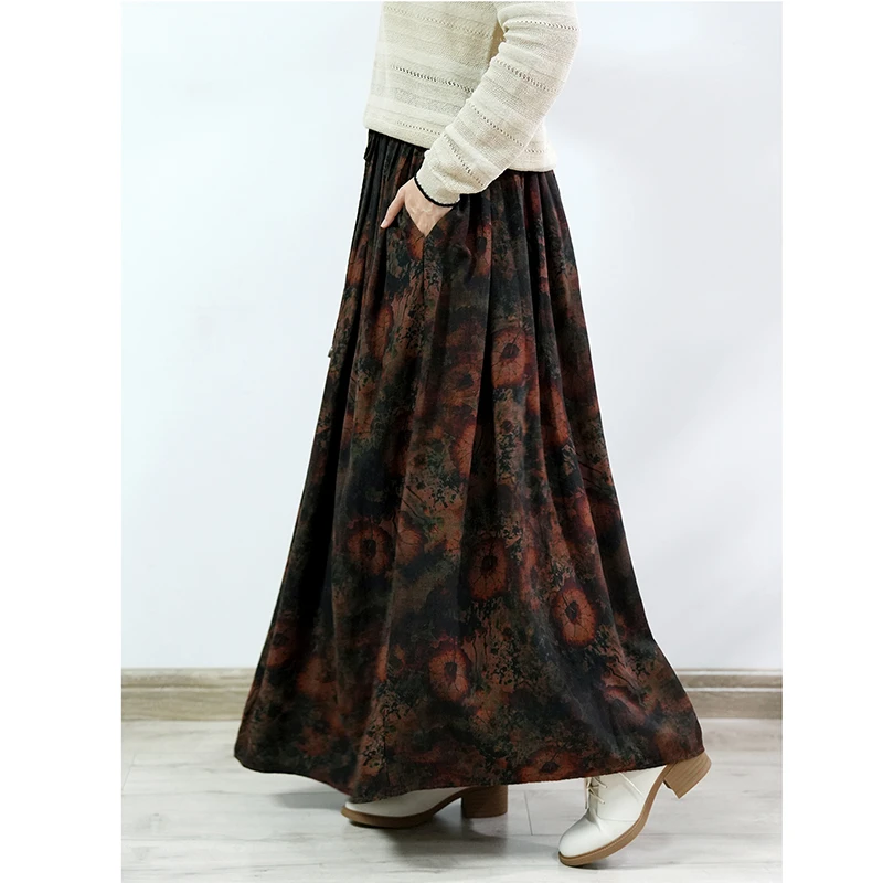 2025 New Arrival Autumn/winter Women Casual Vintage Print A-line Skirt Loose High-quality Cotton Linen Ankle-length Skirts Y154