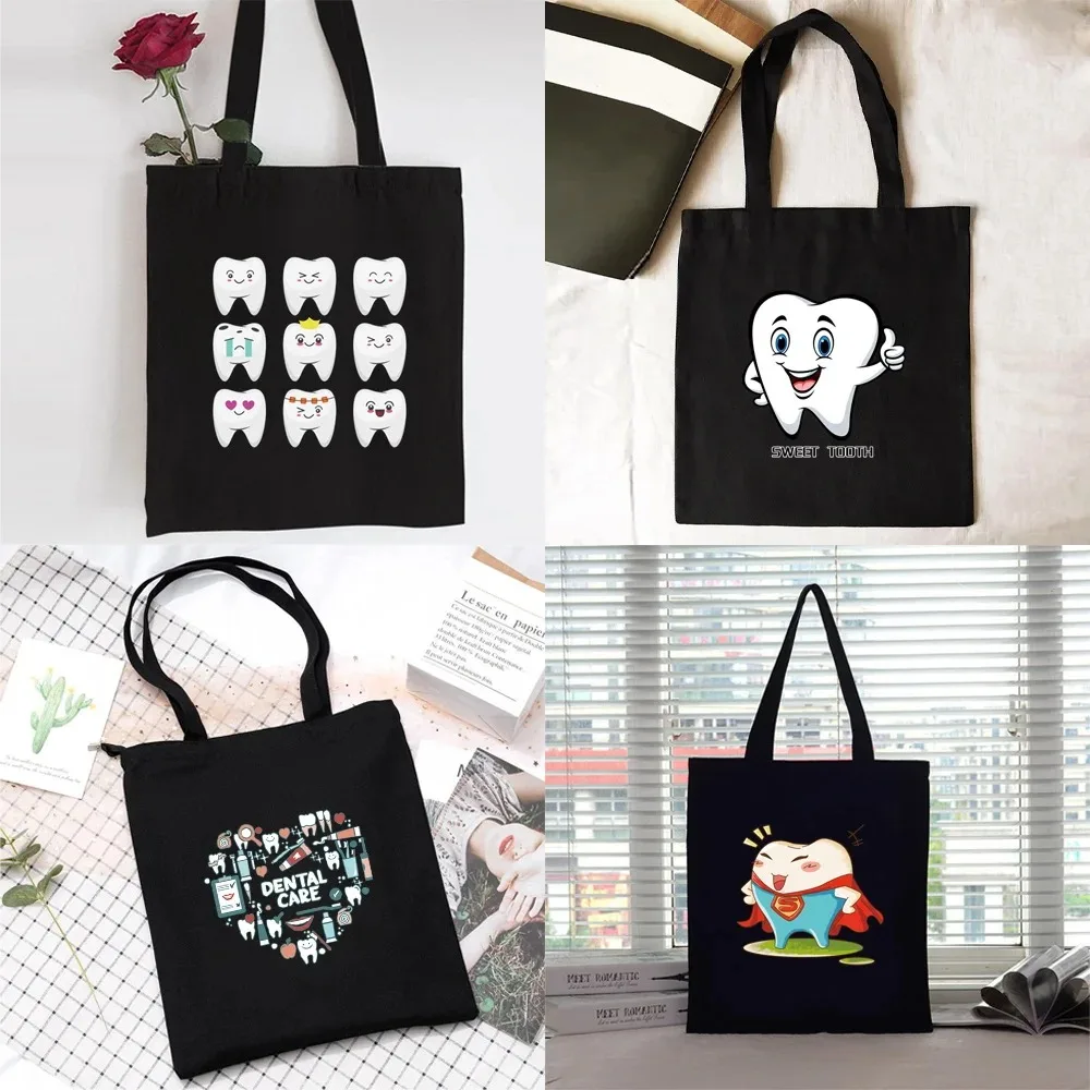 

Dentist Nurse Trendy Ladies Large Capacity Tote Bag Layful Teeth & Toothpaste Print Open Top Casual Handbag for Dental Promotion