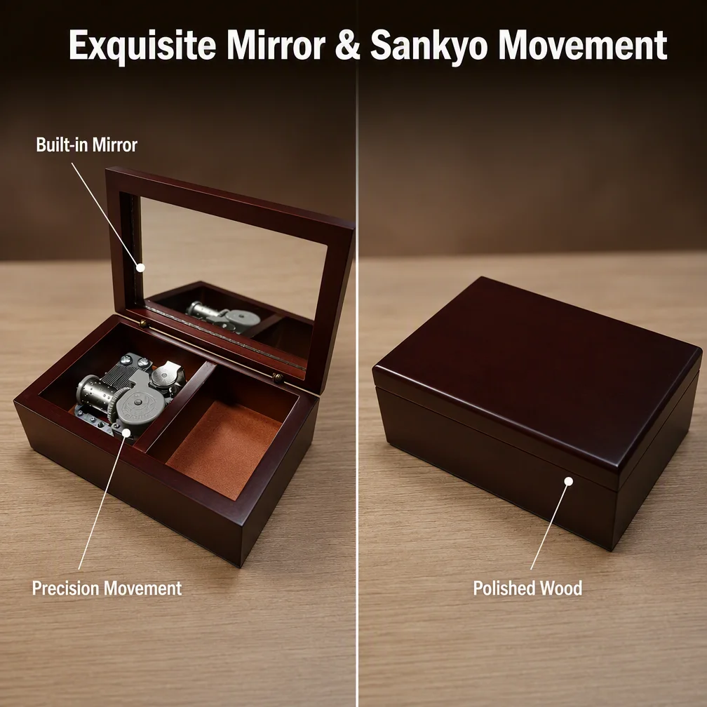 Wooden sankyo Wooden Music Box Mirror You Are My Sunshine/Canon Handcrafted Musical Jewelry Box Vintage Gift for Women Birthday