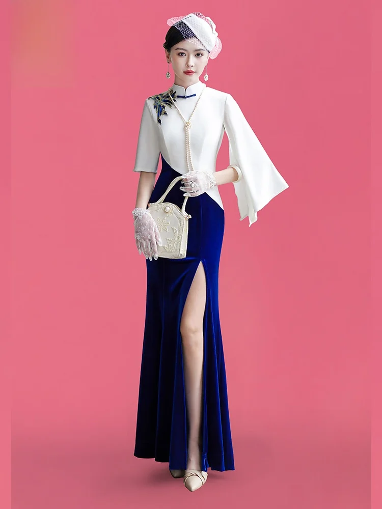 

Auman Velvet Patchwork Slimming Stage Performance Clothes Improved Large Size Faion ow Women Long Sle