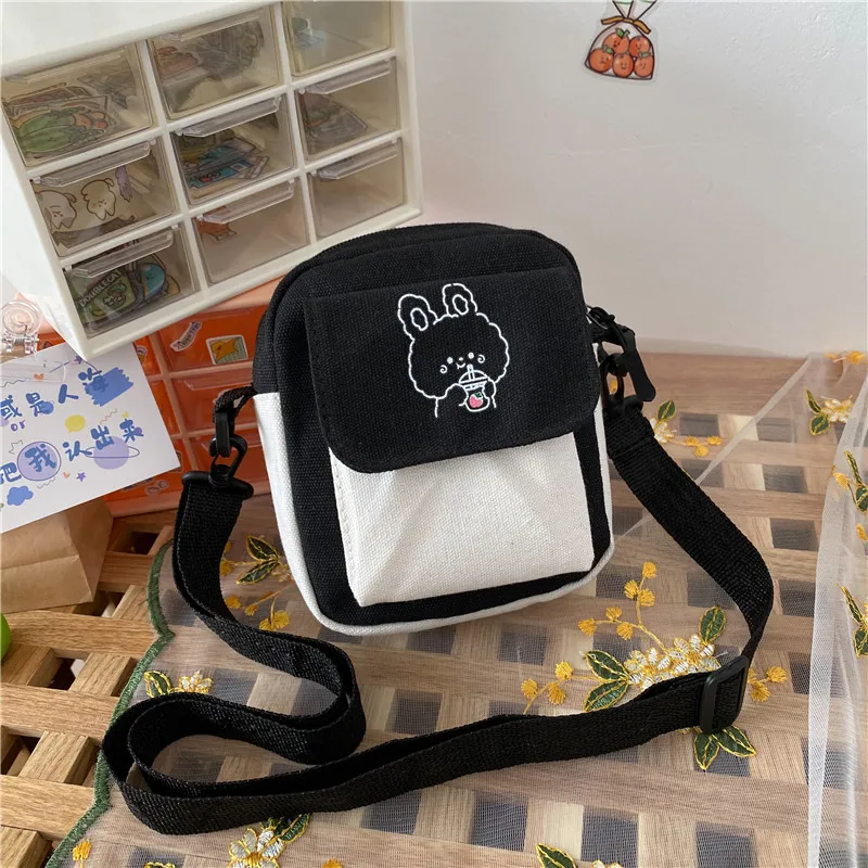 

Canvas Womens Phone Bag Cartoon Printed Shoulder Messenger Bag Fashion Hit Color Flap Purse Casual Handbag Female Shopping Bag