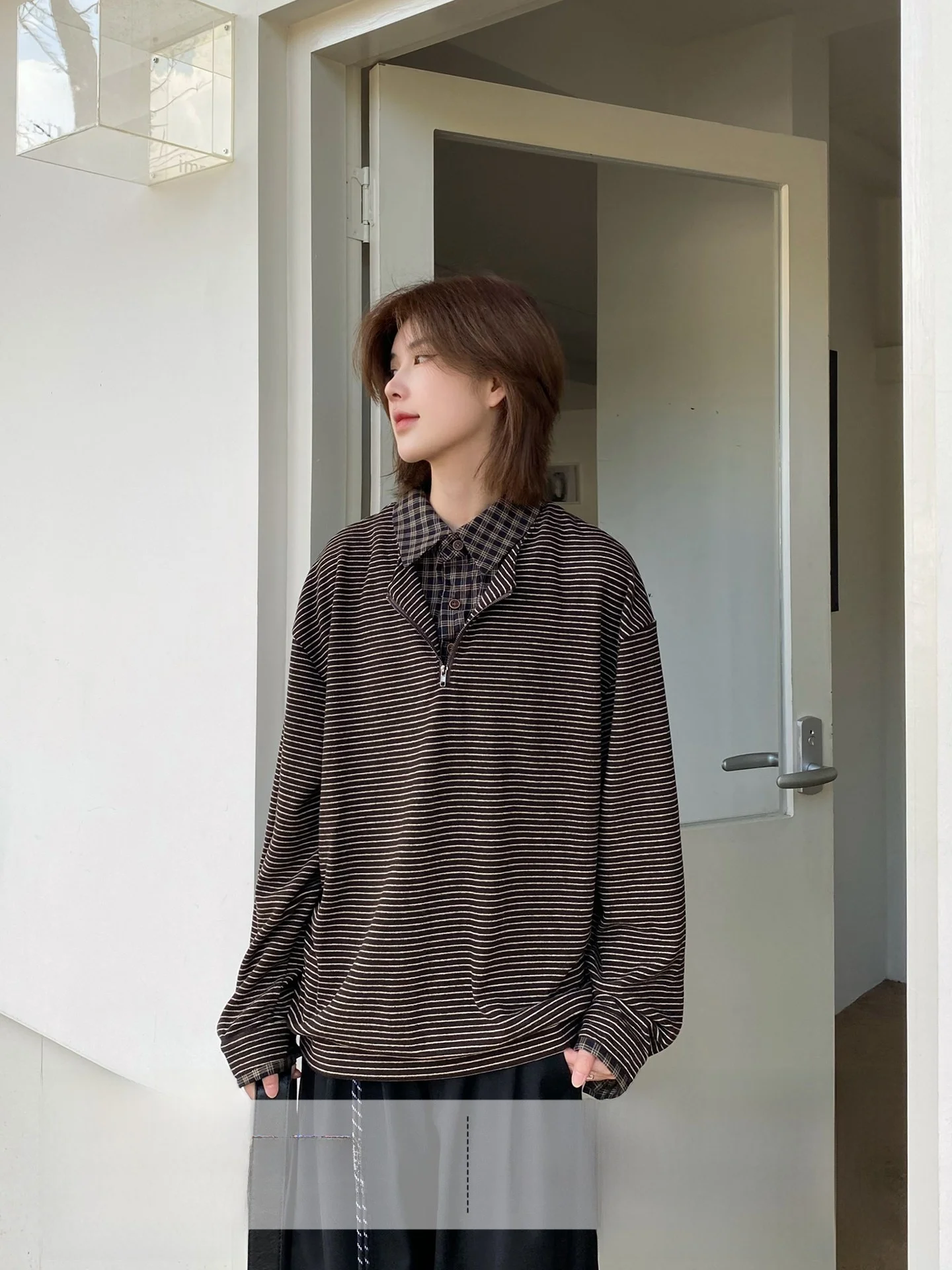 

Ja Casual Striped False Two-Piece Long Sve T-irt ex Loose Fit Comfortable Top Quali Material Korean Sle irt