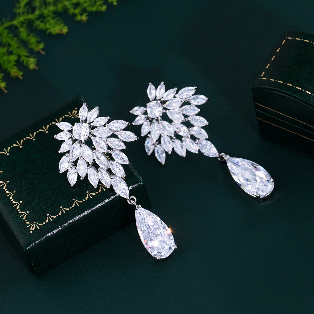 CWWZircons Shiny White Marquise Cut Cubic Zirconia Long Leaf Drop Dangle Earrings for Women Wedding Engagement Party Wear CZ732