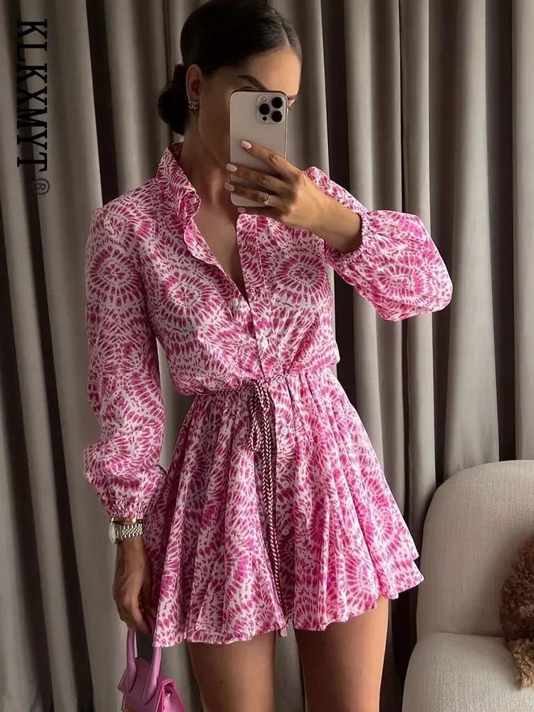 TRAF Pleated Short Dress Women 2024 Vintage Floral Print Ruffles Mini Dresses For Women Chic Lace Up Elegant Party Dresses