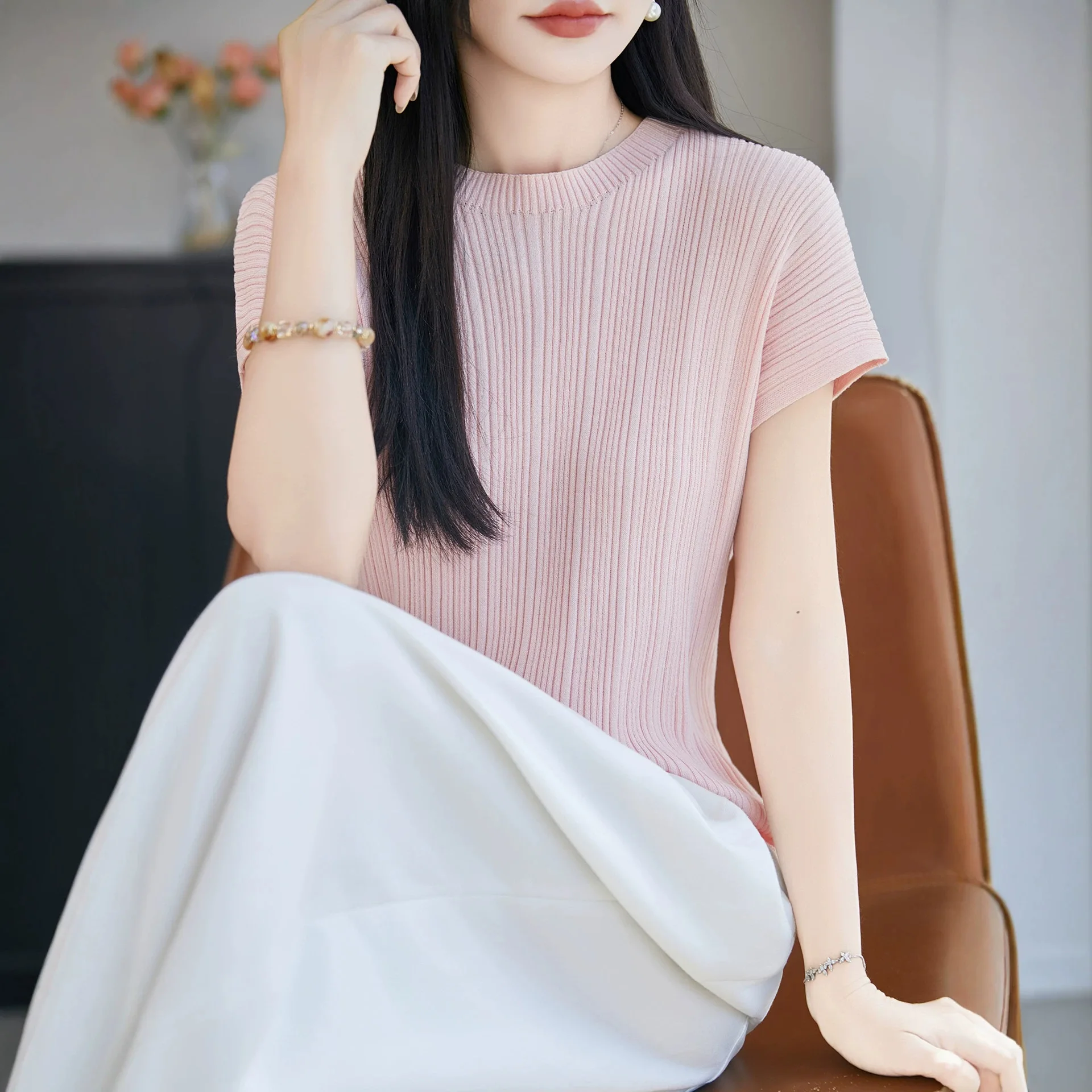 Summer Ice Silk Fly Sleeve round Neck Women's Slim Fit Lightweight Knitted Top Versatile Gentle Style Cityscape Basic Three-Q...