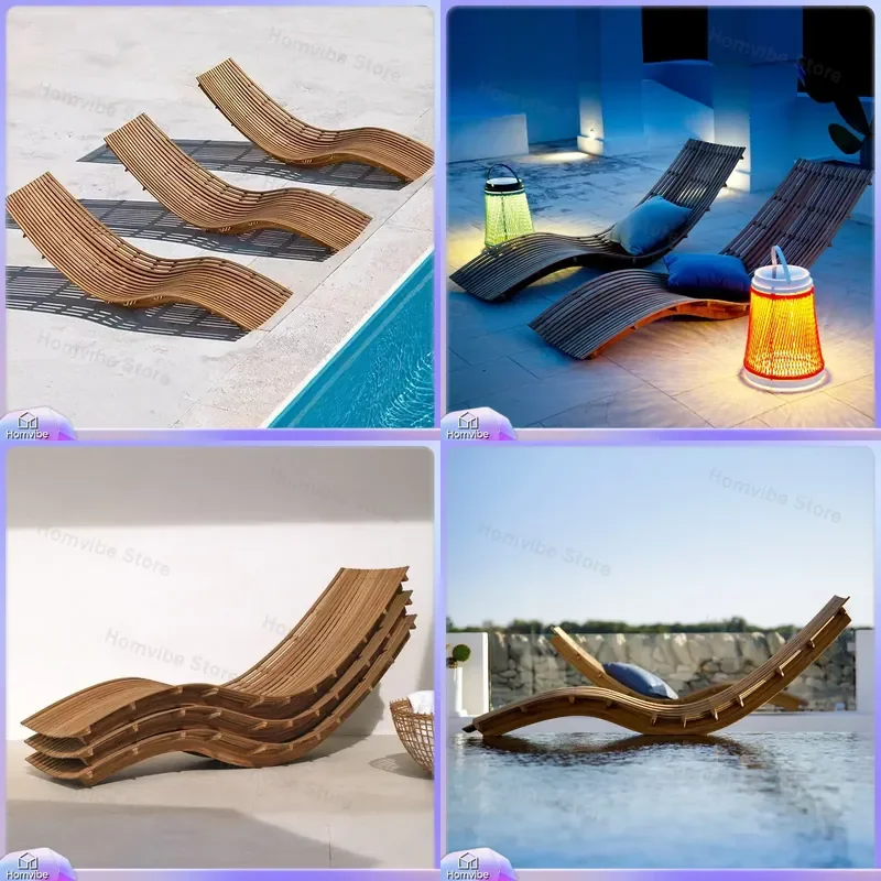 Outdoor Rattan Lounger Solid Wood Beach Chair Waterproof Sunbed Poolside Recliner Anti-corrosion Garden Furniture Leisure