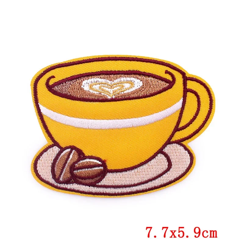 Coffee Cup Embroidery Patches Iron on Cafe Badges for DIY T-shirt Caffeine-lover Appliques Thermo Adhesive Stickers Customizable