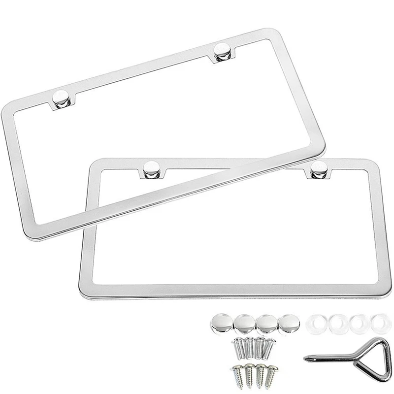 2Pcs Stainless Steel Car License Plate Frame Covers Kit Decor Protect Lid With Chrome Screw Caps Silver Exterior Car Accessories