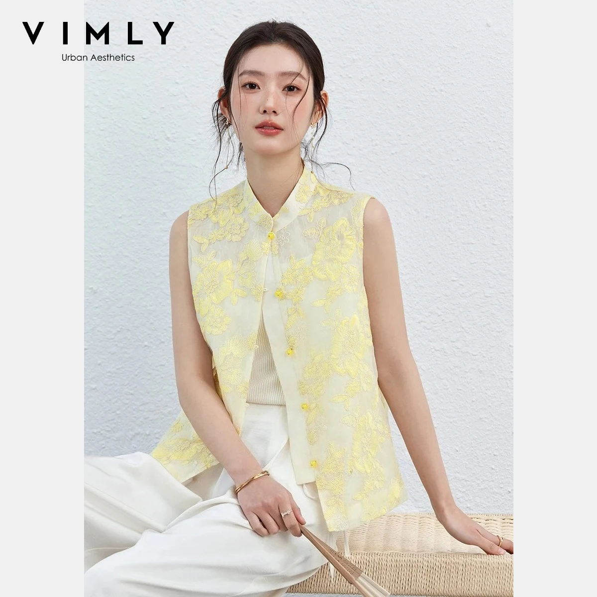 

VIMLY Women's Vest 2026 Summer Casual Yellow Floral Embroidery Stand Collar New Chinese Style Sleeveless Jacket Ladies A5251