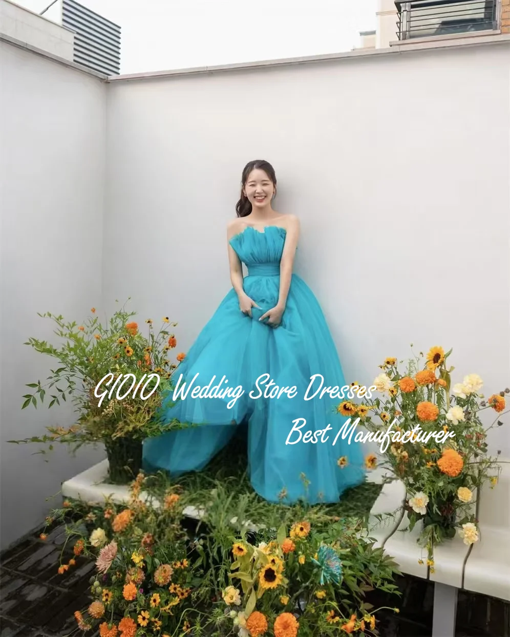 Gioio صدفي الكشكشة كوريا فساتين الزفاف الجنية الأزرق ألف خط فستان الحفلات المسائية صور تبادل لاطلاق النار مخصص مشد ثوب العروس