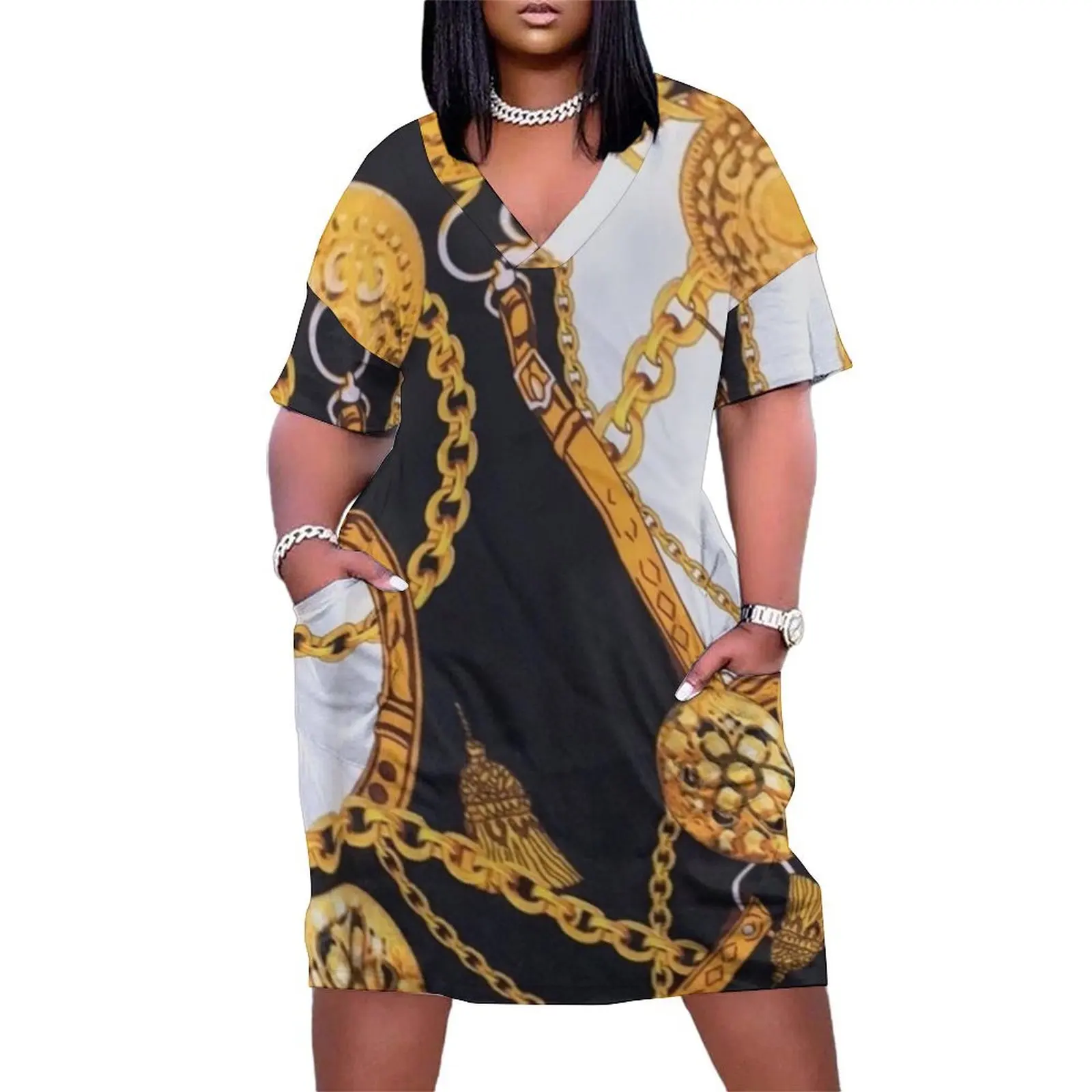 

BLACK WHITE GOLD BLING BLING CHAIN PRINT DESIGN Loose Pocket Dress Aesthetic clothing evening dresses ladies Woman fashion