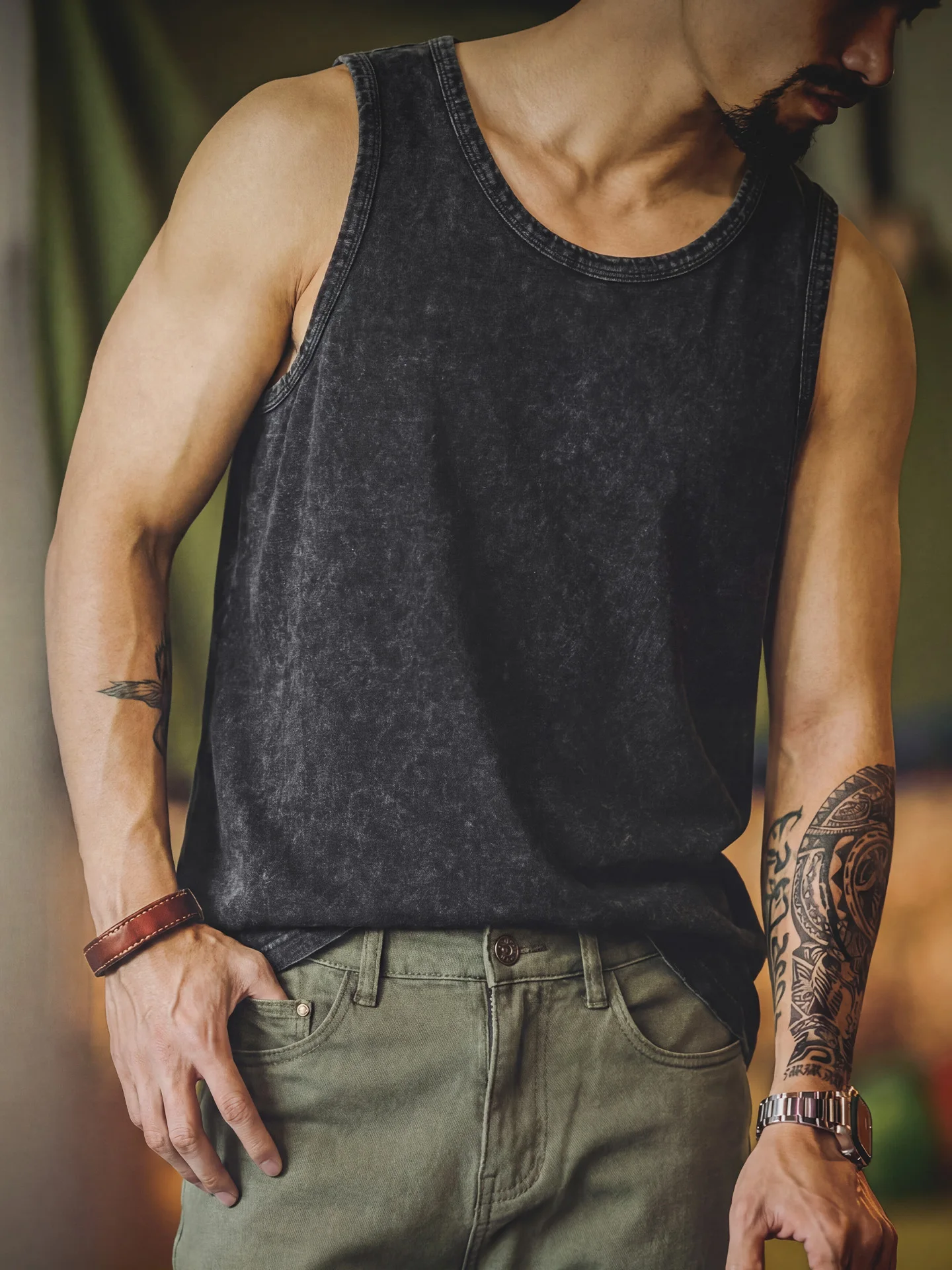 Retro American Washed Cotton Vest Men Summer New Loose Sleeveless T-shirt Hard Man Style Outerwear Shoulder Pad
