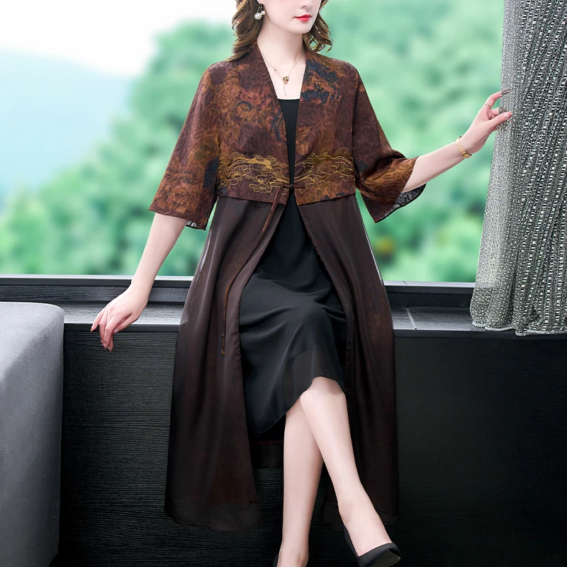 2023 Summer Women\'s Silk Vintage Printed Windbreaker Coat with Chinese Style Embroidery Thin Medium Length Cloak Robe