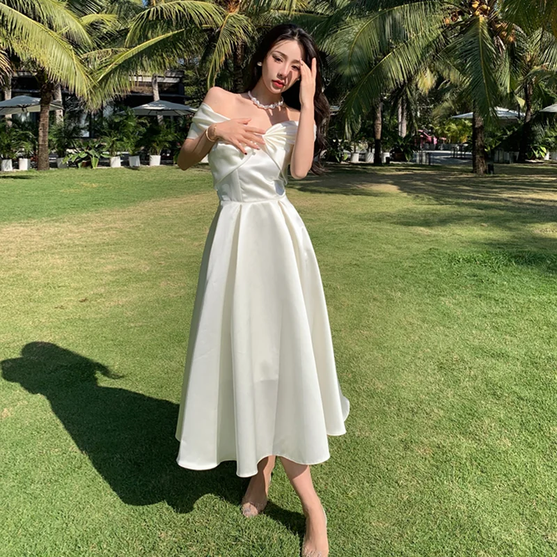 Französisch Satin schulter frei Geburtstag Abendkleid langes Kleid Abendkleid kann zu gewöhnlichen Zeiten Tube Top Bow Fairy Kleid getragen werden
