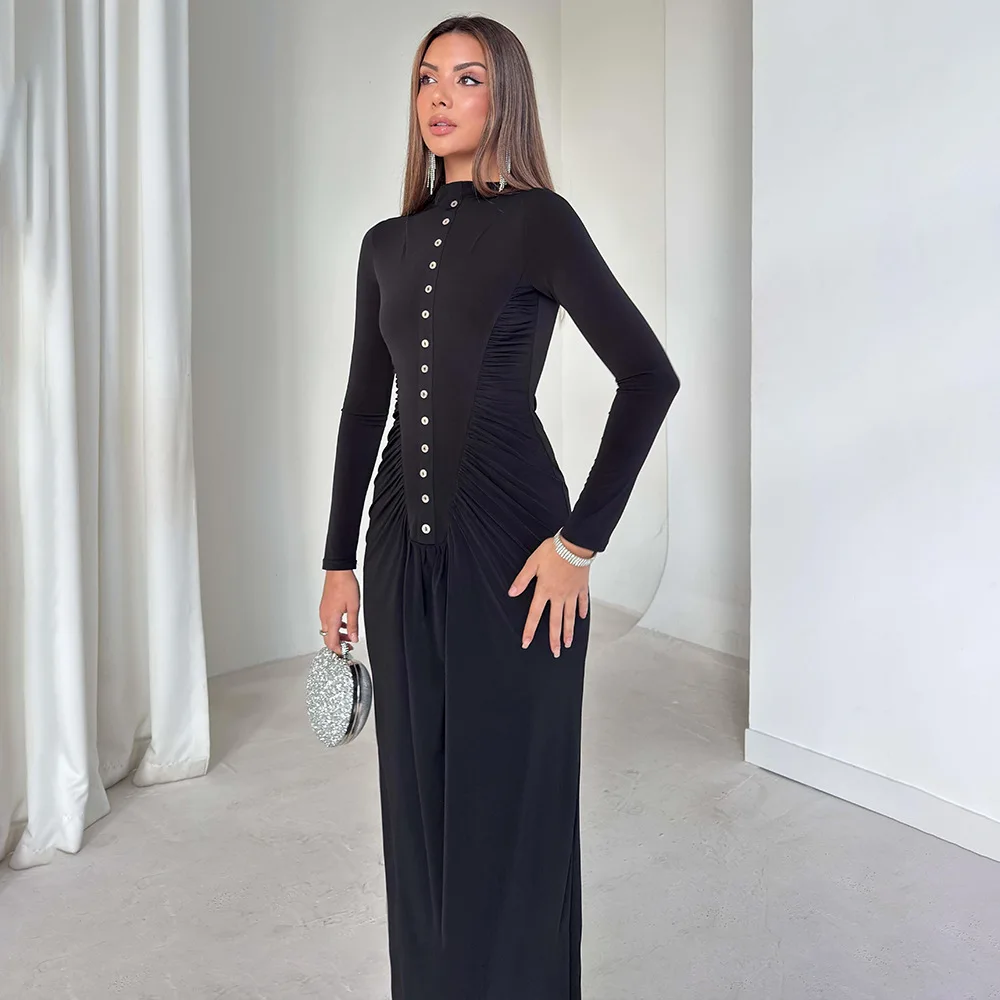 Apprabant Women Fall Winter Solid Ruched Button Up Long Sleeve Dress O-Neck Slim Fit Elegant Casual Outfit Fashion Streetwear