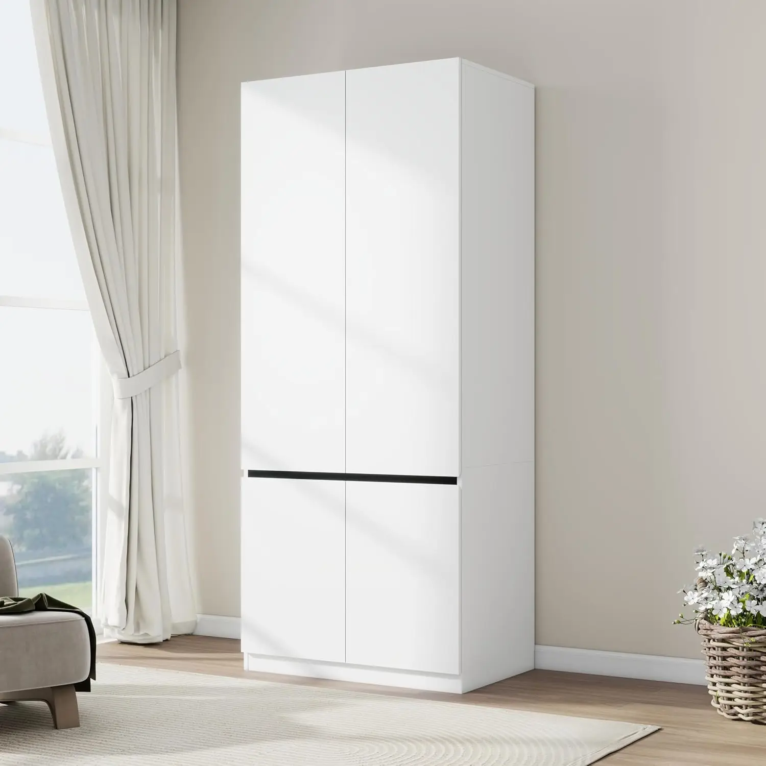 White Wardrobe Closet with 2 Doors 75"H x 31.5"W Bedroom Cabinet for Clothes Wooden with Hanging Rod & Shelves, Customized view 5