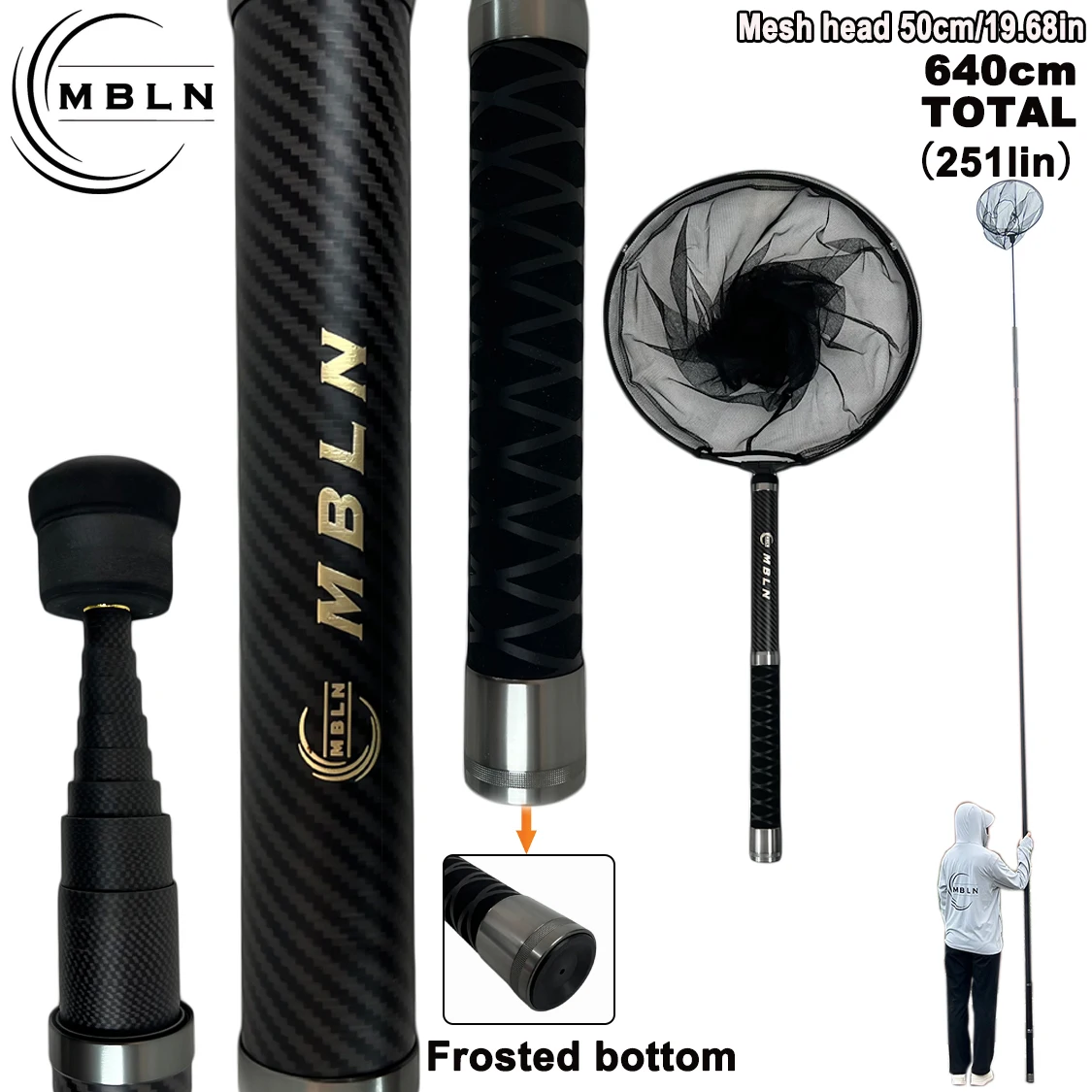 شبكة مغرفة كربونية فائقة الصلابة وقصيرة جدًا، ممتدة حتى 6.4 م/251.97 بوصة، تم سحبها لأكثر من 60 سم، سهلة التخزين