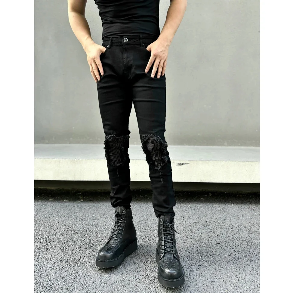 High Street Knee Patch Beggars Match Leather Jeans men's all-in-one Black Cut Slim Stretch Leg Pants