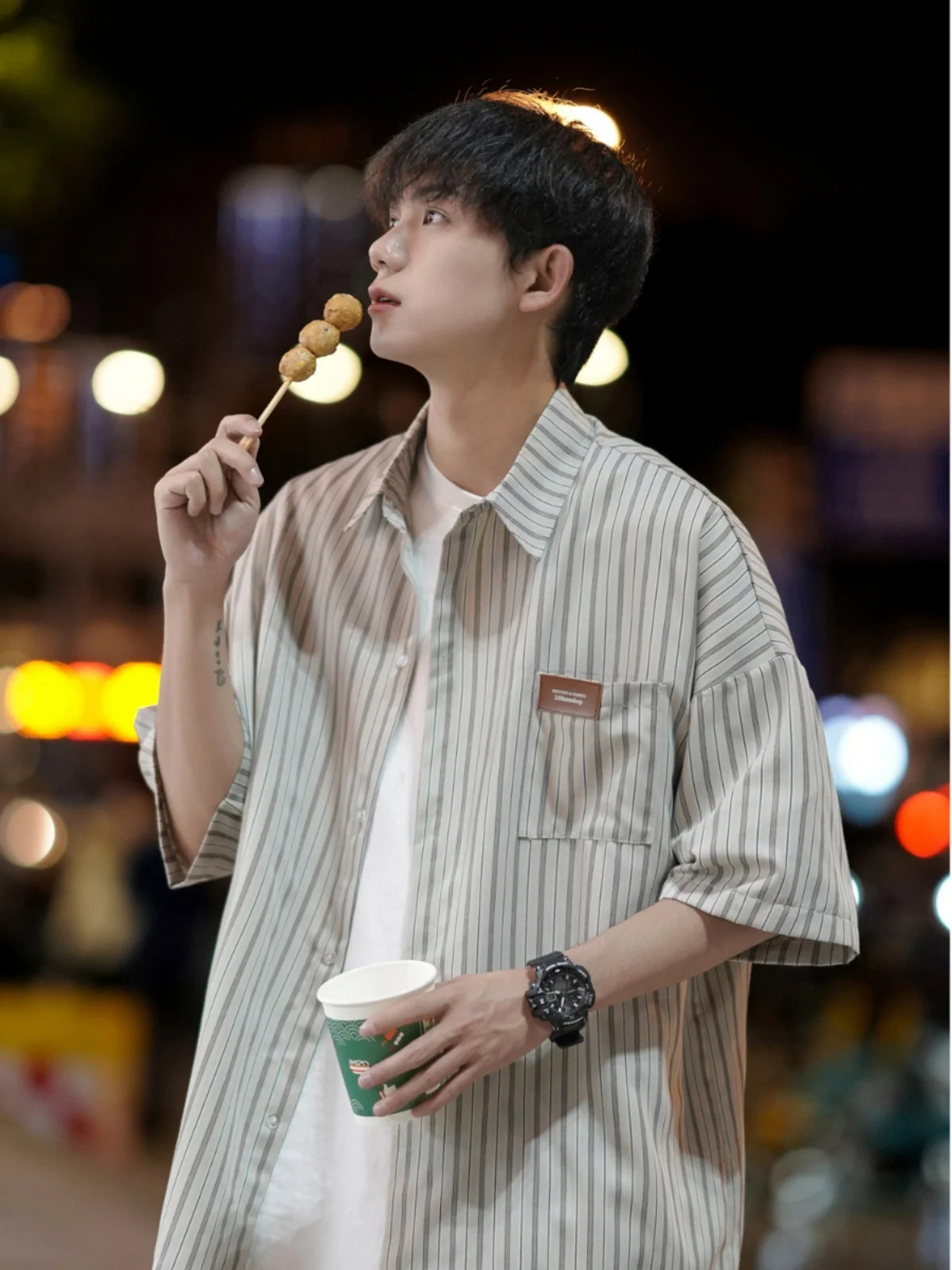 

Summer Thin American Retro Striped Short Sleeve Shirt Loose Fit Boys Fashion Outerwear Half Sleeve Button down Casual Shirt