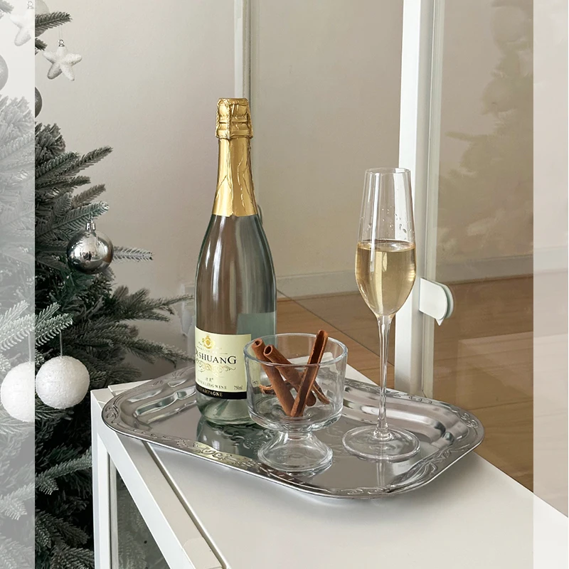 Bandeja Rectangular de acero inoxidable, plato para servir frutas de Metal en relieve Vintage para nueces, pasteles, postres, exhibición decorativa