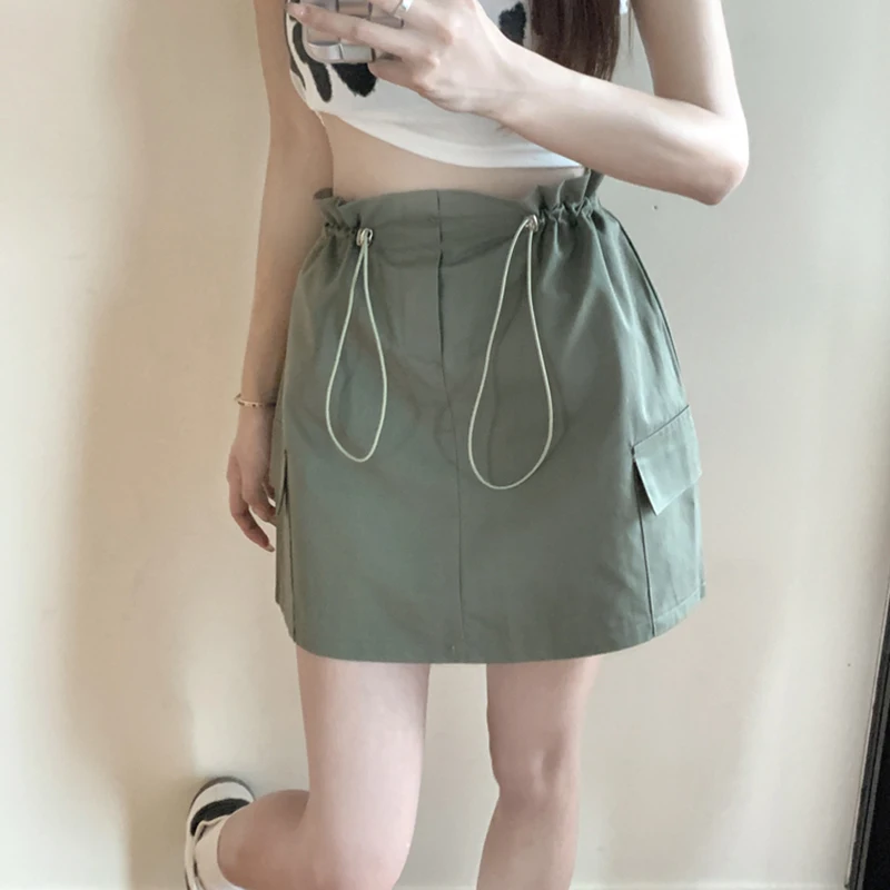 

Gidyq Women High Waist Cargo Skirts Summer Fashion Drawstring Streetwear Mini Skirts Korean Casual Female Shirring A Line Skirts