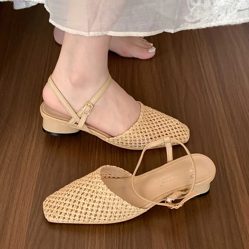 2024 Mesh Summer New Women Slip On Sandals Fashion Cane Weave Ladies Mules Shoes Square Low Heel Outdoor Casual Slipper Mujer