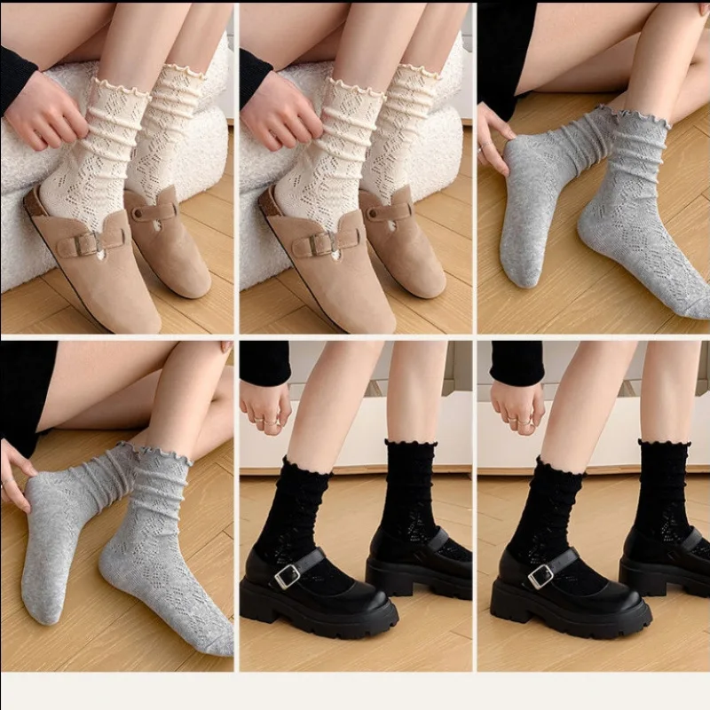 6 Pairs/lot Women's Mid-Tube Socks Hollow-Out Mesh with Flounce Trim Breathable Slouch Trendy and Versatile for Instagram Style
