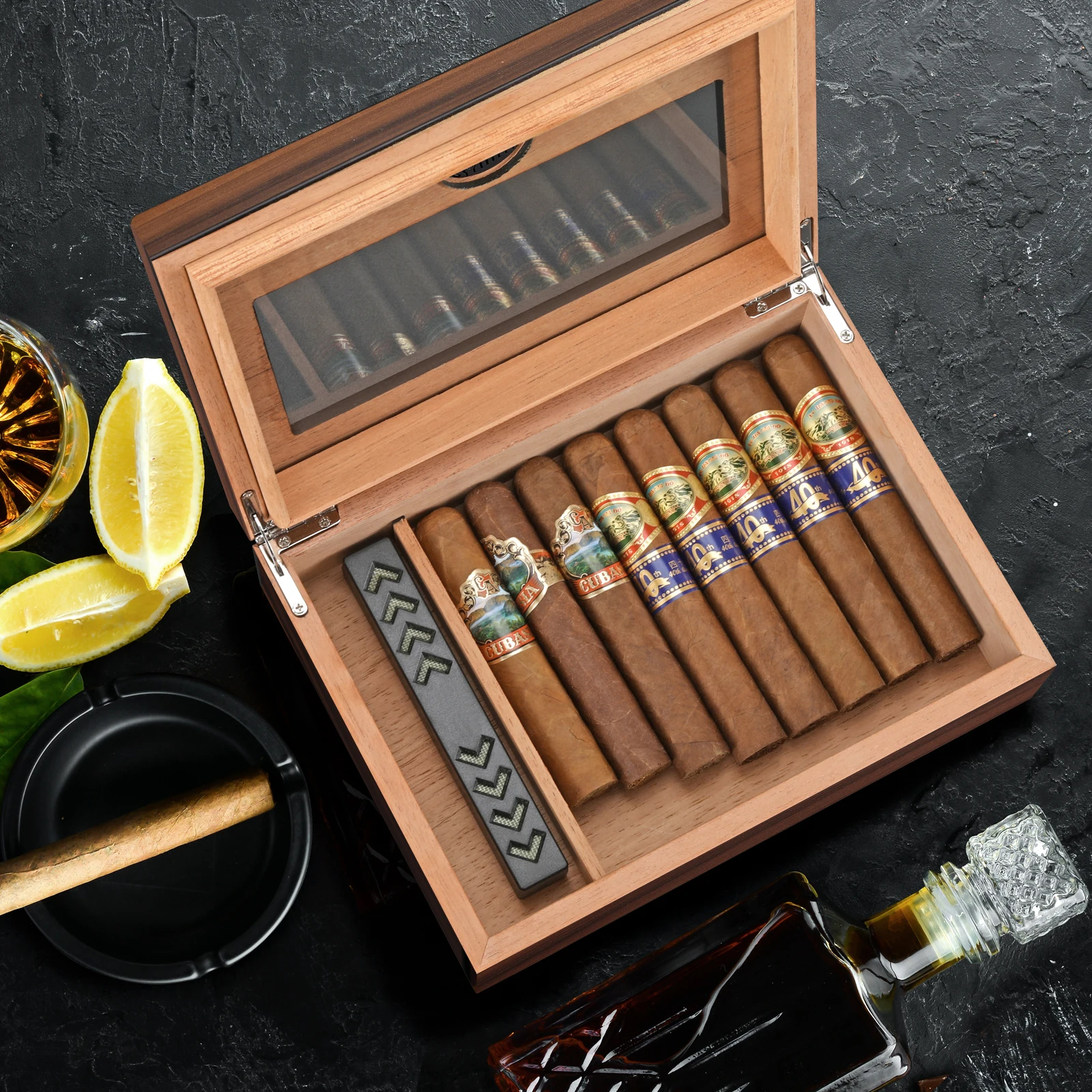 Cigar Humidor Box Cigar Case with Humidifier and Hygrometer, Cedar Wood Cigar Box with Divider, Cigar Gifts Accessories for Men