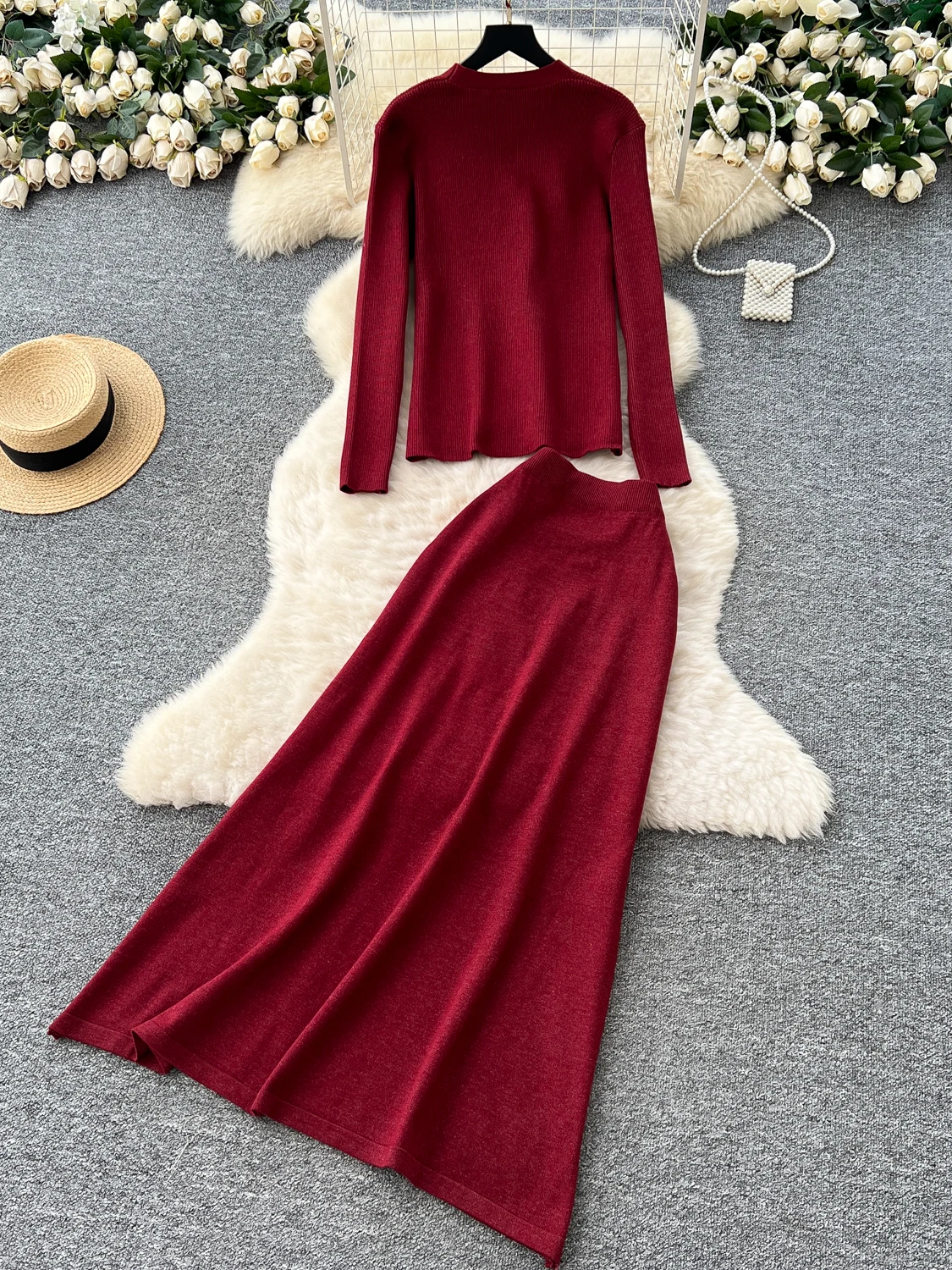 Ele Two-Piece Women's Autumn Faion Set V-Ne Long Sve Knitted Top High Waist  Skirt Versatile Soft Sle