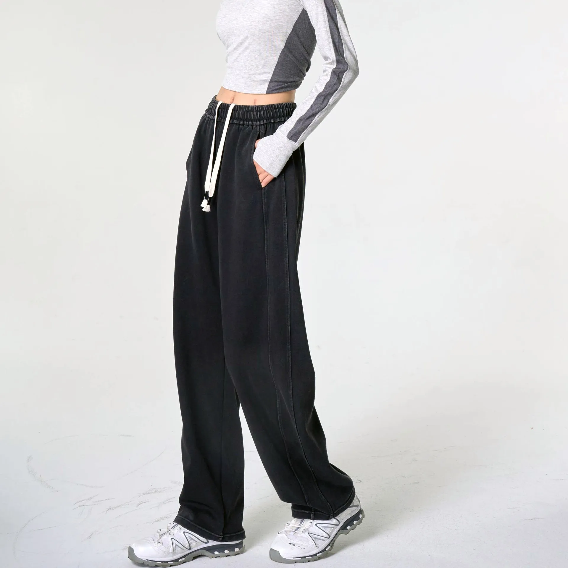 American Sle Pantalones casuales de pierna ancha sueltos de cintura alta Dstring Banana ape Jeans Algodón Cintura elástica Sle básico