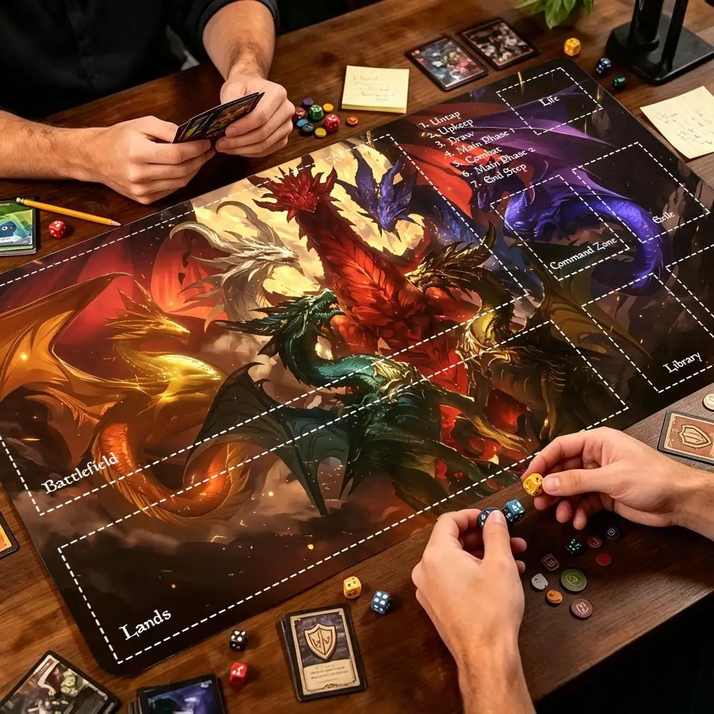 Mystic Elemental Dragon Large Gaming Desk Mat Non-Slip Rubber Stitched Edges Playmat for Card Game PC Laptop Daily Gaming