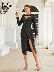Missord Black Cutout Round Neck Long Sleeves Sequin Mermaid Evening Midi Formal Occasion Dresses