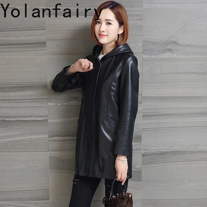 YOLANFAIRY 리얼 양가죽 트렌치코트 여성 가을 겨울 중간 길이 천연 가죽 재킷 여성 후드 윈드브레이커