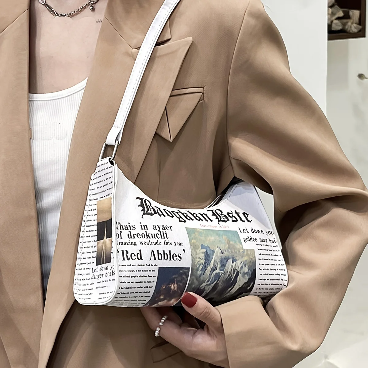 Newspaper Print Crossbody Bag, Chic Women's PU Leather Crescent Shoulder Bag, Casual Handbag & Zipper Purse