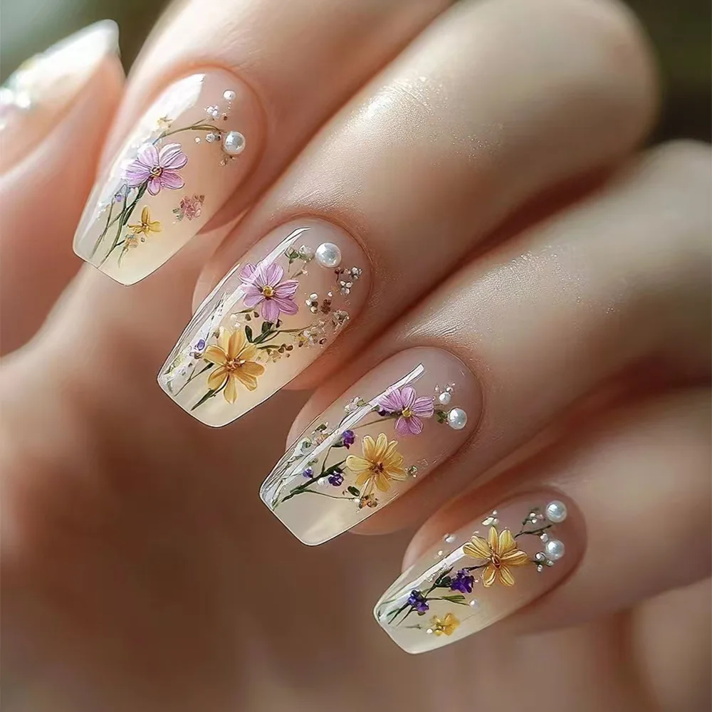 

24 Pcs Aesthetic Nails Press Ons Flower Pearl Self-adhesive Fake Press on Nails for Girls Artificial Cheap Sweet False Nails Set