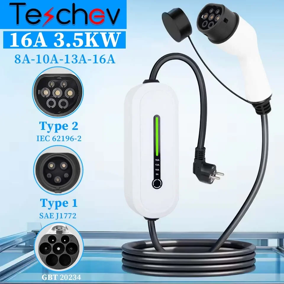 

Teschev Portable EV Charger 220V 3.5KW J1772 Type1 IEC62196 Type2 GBT Charger 16A Adjustable Current Charger for Electric Car