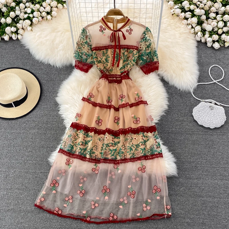 

Summer Embroidered Retro Floral Print Women's Dress French Style Design Sundress Vintage Steetwear Mesh Long Party Dresses