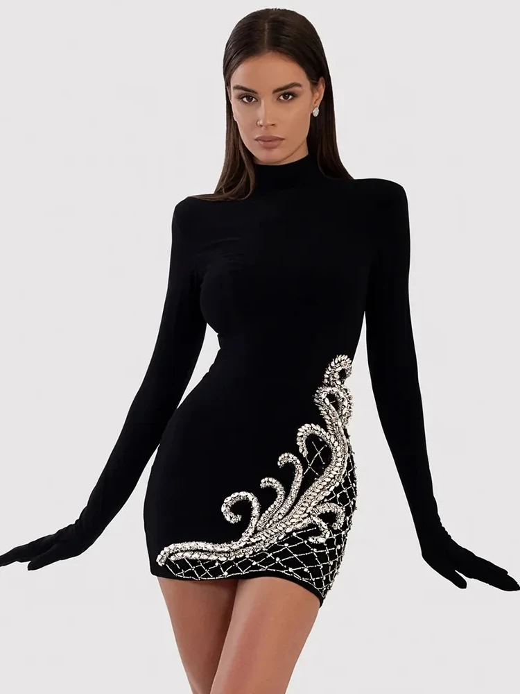 

Sexy Long Sleeve Gloves Sparkling Diamonds Mini Dress Women Black Velvet Luxury Crystal Slim Dresses Elegant Evening Party Gowns