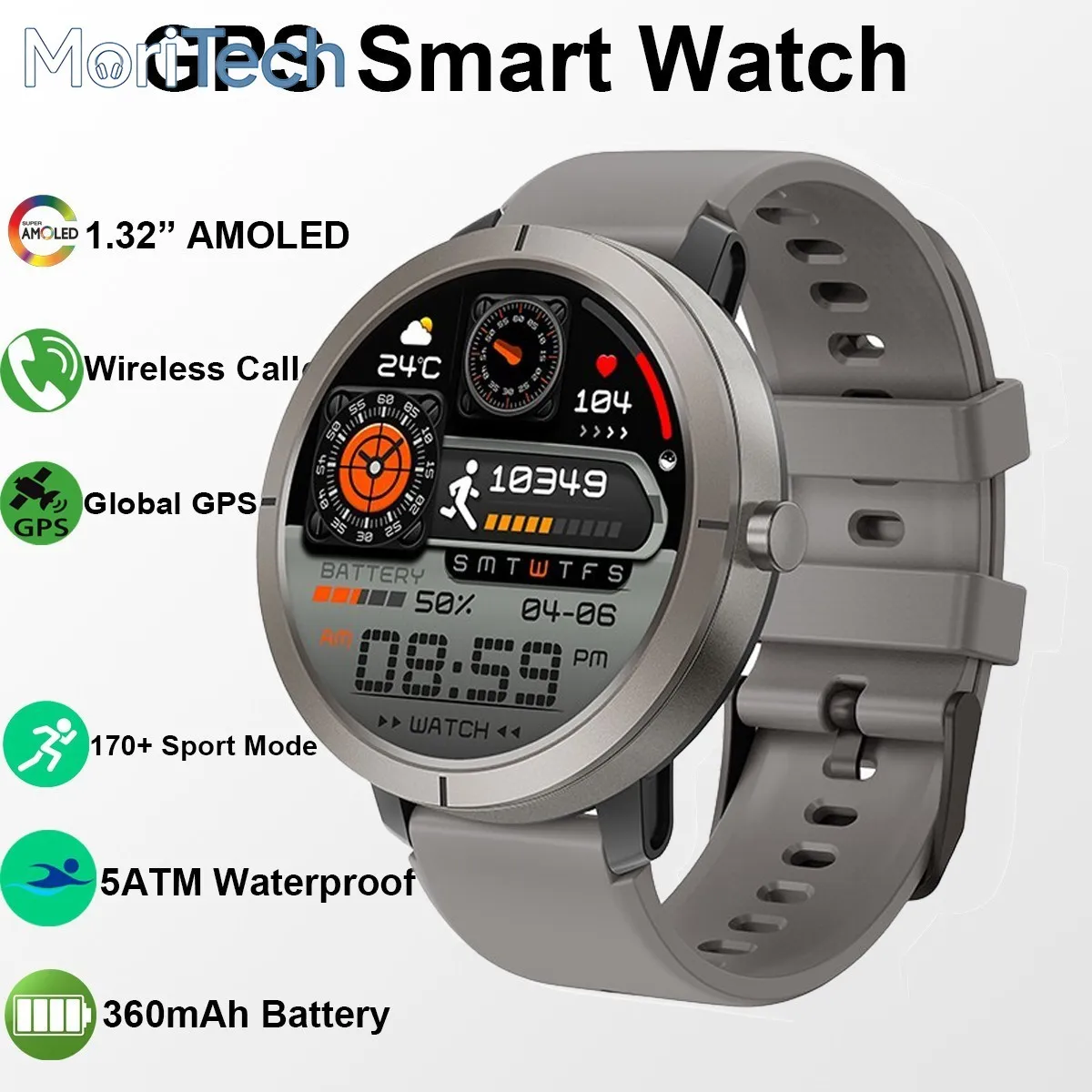

MoriTech Outdoor Men GPS Smart Watch AMOLED 1.32inch BT Call 5ATM Waterproof 170 Sport Modes Large Battery Women Smart Watch