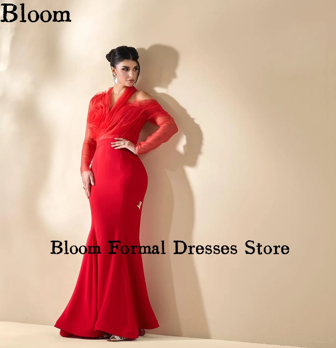 Bloom-vestidos de tul de manga larga para mujer, traje de sirena con hombros descubiertos, volantes, encantador, rojo Arabia, para fiesta de boda, 2024