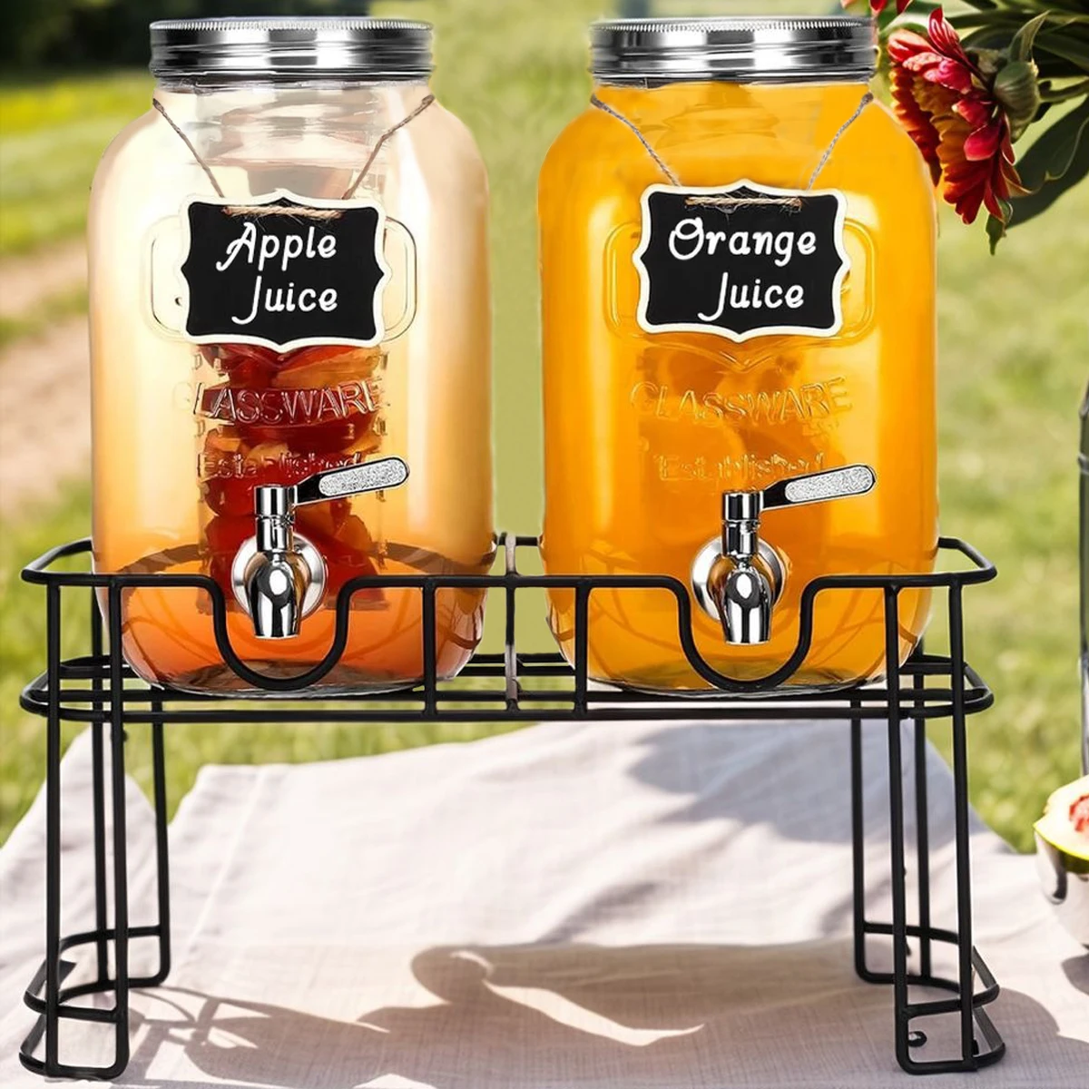 

Drink Dispenser 2 Packs 1 Gallon Glass with Stand and 304 Stainless Steel Faucet Party Iced Tea Lemonade Juice Water Dispenser
