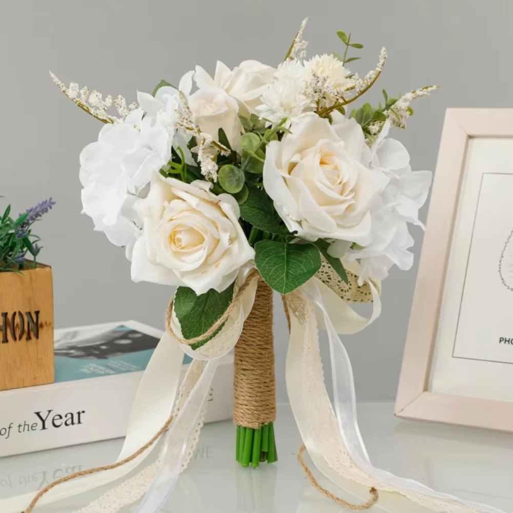 Artificial Wedding Flower Hand-held Artificial Rose Bouquet White and Champagne Bride Bridesmaid Wedding Ceremony Party Decor image 4