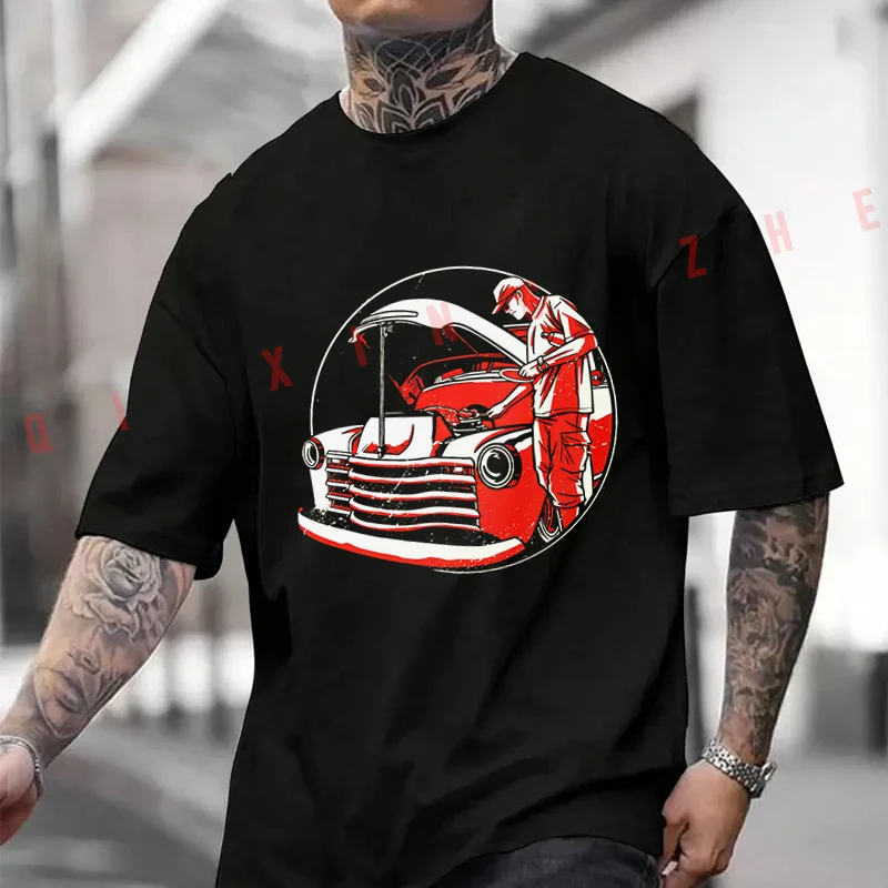 

BBQ In Vintage Car Motor T-Shirt Moto Cotton Cute Men Clothes Plain Summer Casual Short Sleeve Round Neck T Shirts