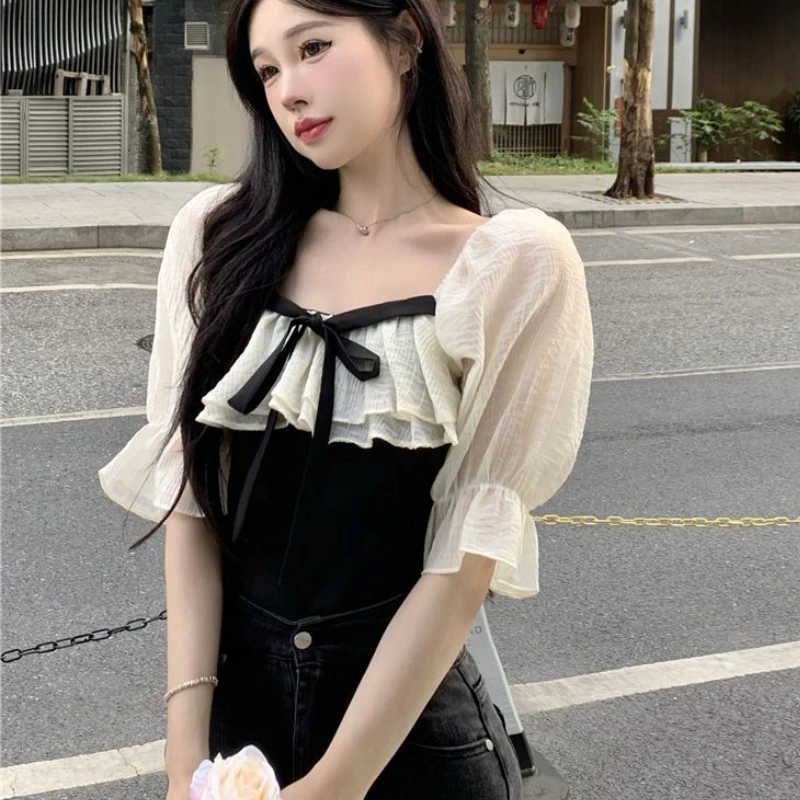 Cropped Blouses Women Ruffles Chic Sweet Vintage French Style Short-sleeve Aesthetic Halter Hot Summer Leisure Fashion Patchwork