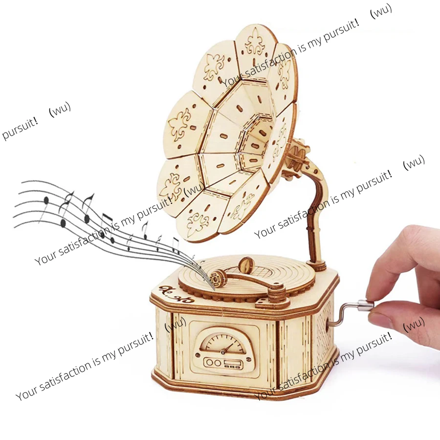 3D Wooden Puzzle Gramophone Music Box, Hand Assembled Model Kit DIY Crafts, Birthday Christmas Gifts