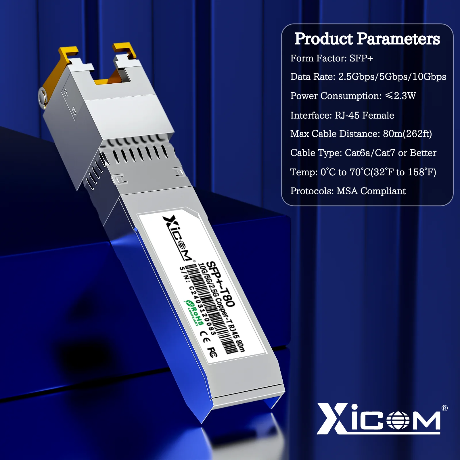 Xicom 10G SFP + RJ45 وحدة إرسال واستقبال نحاسية SFP 80M RJ45 Port 10G/5G/2.5G متوافقة مع محول ألياف إيثرنت Cisco/Mikrotik