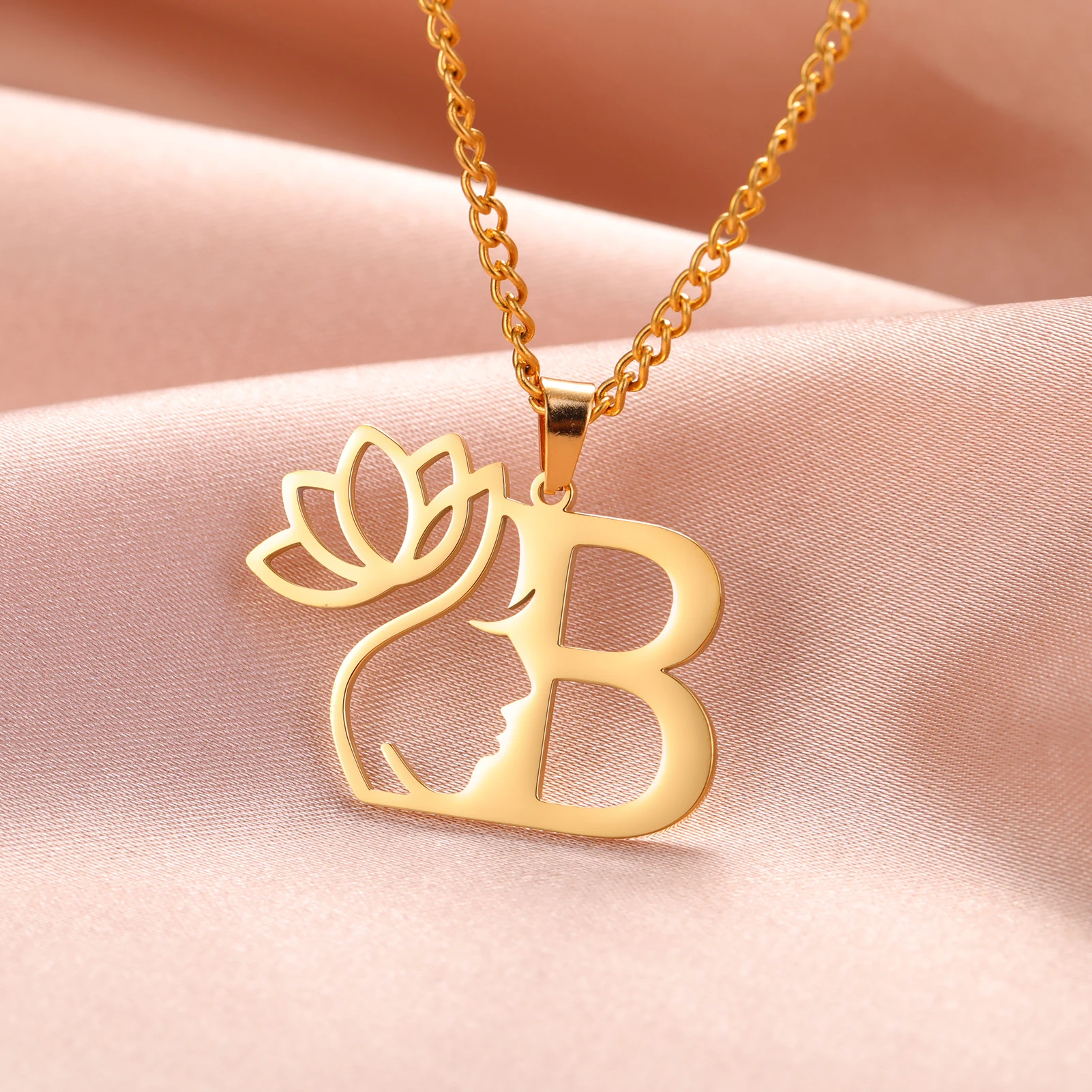 Jeshayuan Lotus Flower Initial Necklace For Women Stainless Steel Gold Color Letter Necklaces Alphabet Jewelry Gift