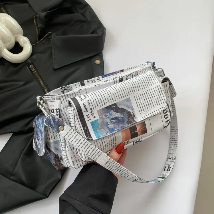 

2025 Trendy French Design Sling Bag - Vintage Newspaper Pattern Shoulder Purse, Unisex Casual Crossbody Bag with Artistic Edge